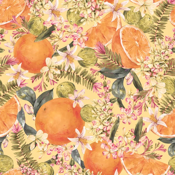 Akvarel Ročník Tropické Letní Ovoce Bezešvé Vzor Oranžové Květiny — Stock fotografie
