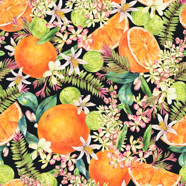 Watercolor Vintage Tropical Summer Fruit Seamless Pattern Orange Flowers — стокове фото