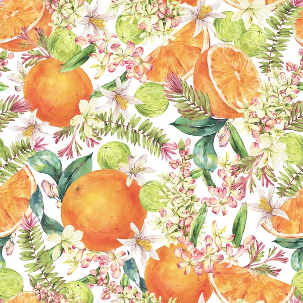 Aquarell Vintage Tropical Summer Fruit Nahtloses Muster Orange Blumen — Stockfoto