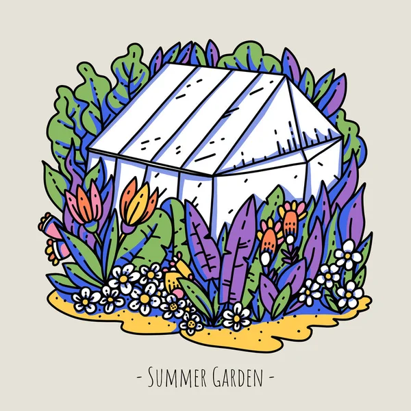 Summer Garden Greenhouse Cartoon Modern Flowers Bold Modern Blooming Floral — Stock Photo, Image