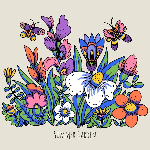 Cartoon Summer Flowers Bold Modern Blooming Floral Greeting Card — Stock Photo, Image