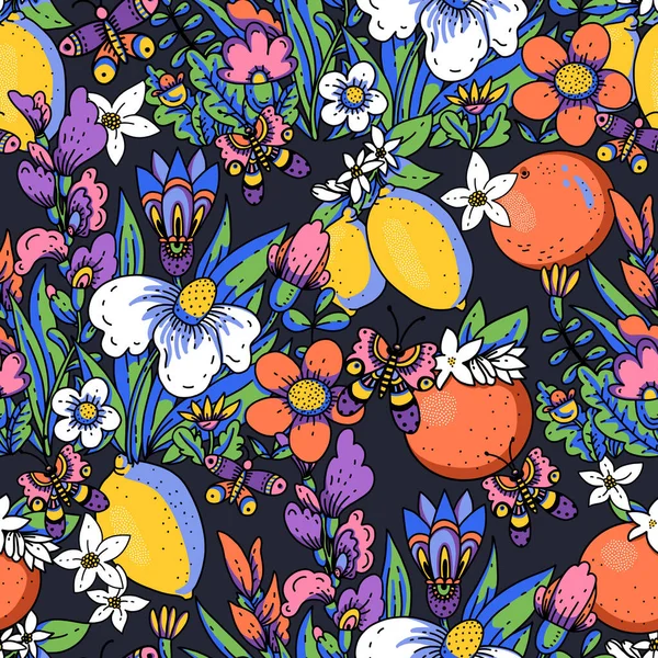 Cartoon Summer Flowers Fruit Seamless Pattern Bold Modern Blooming Floral — Stock Photo, Image