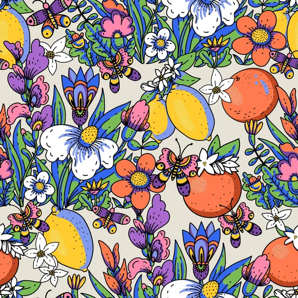 果物のシームレスなパターンを持つ漫画の夏の花 大胆な近代的な開花花のテクスチャ — ストック写真