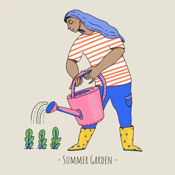 Summer Garden People Bold Modern Cartoon Character Natural Greeting Card — Stock Photo, Image