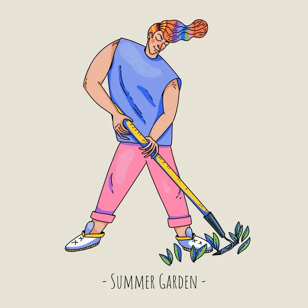 Summer Garden People Bold Modern Cartoon Character Natural Greeting Card — Stock Photo, Image