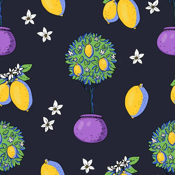 Sommarträdgård Citron Frukt Sömlöst Mönster Med Blommor Djärv Modern Ljus — Stockfoto