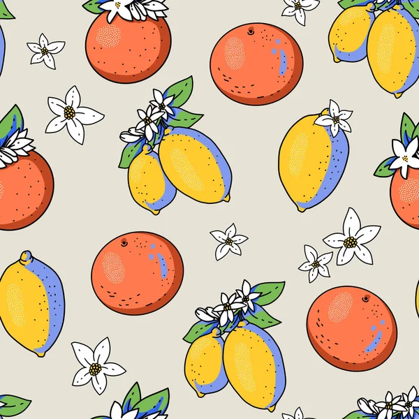 Summer Garden Lemon Orange Fruit Seamless Pattern Flowers Bold Modern — Stock Photo, Image