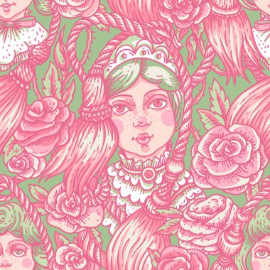 Kaliteli yeşil ve pembe bebek kusursuz desen, vektör gül çiçekleri, nakış deseni