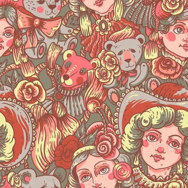 ヴィンテージ人形シームレスパターン ベクトルバラの花と針仕事漫画のテクスチャ — ストックベクタ