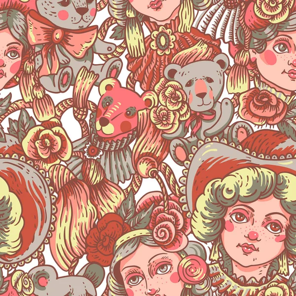 Vintage Κούκλα Απρόσκοπτη Μοτίβο Διάνυσμα Τριαντάφυλλο Λουλούδια Και Κεντήματα Υφή — Διανυσματικό Αρχείο