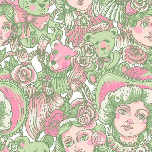 Винтажный Зеленый Розовый Узор Векторные Розовые Цветы Рукоделие Карикатурной Текстуры — стоковый вектор