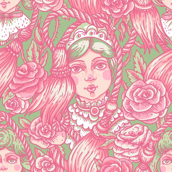 Vintage Green Pink Doll Seamless Pattern Vector Rose Flowers Needlework — Stock Vector