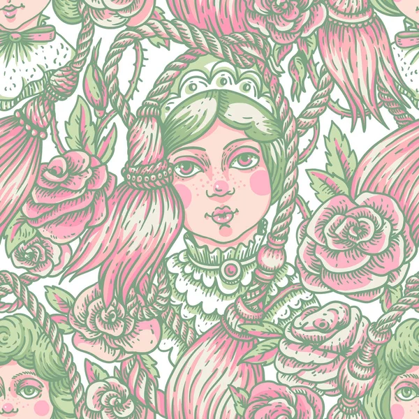 古色古香的绿色粉红娃娃无缝图案 矢车菊花朵 绣花卡通画质感 — 图库矢量图片