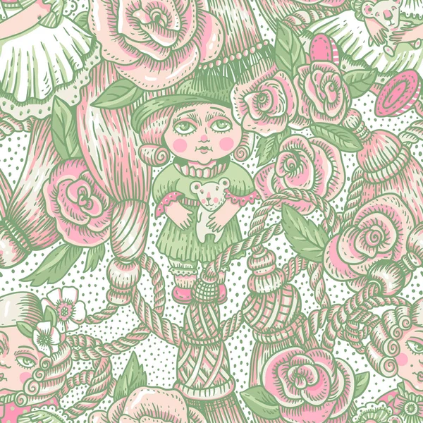 Vintage Green Pink Doll Seamless Pattern Vector Rose Flowers Needlework — Stock Vector