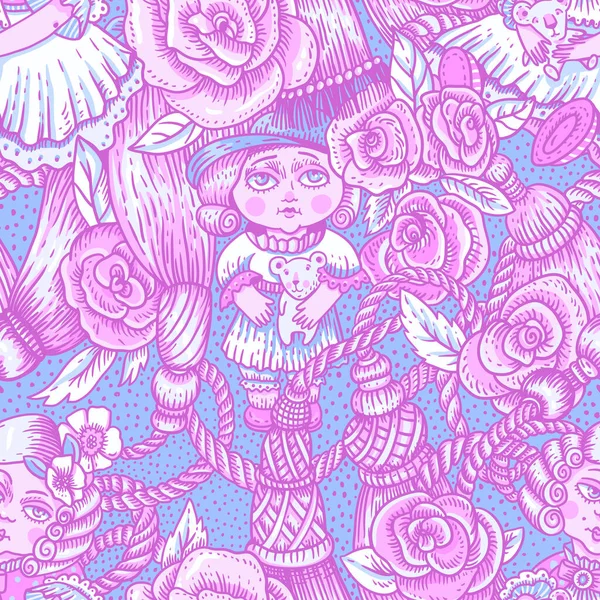 古色古香的粉色霓虹灯娃娃无缝图案 矢车菊花和绣花卡通画质感 — 图库矢量图片