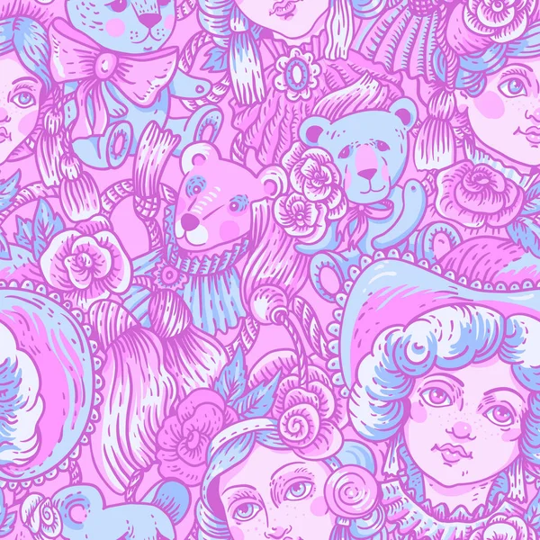 ヴィンテージピンクネオン人形シームレスパターン ベクトルバラの花と針仕事漫画のテクスチャ — ストックベクタ
