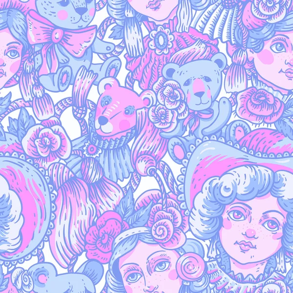 ヴィンテージピンクネオン人形シームレスパターン ベクトルバラの花と針仕事漫画のテクスチャ — ストックベクタ