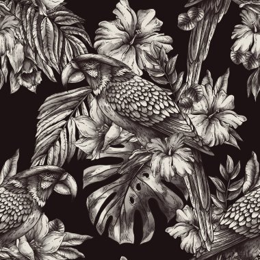 Klasik tek renkli papağan deseni, tropikal kuşlar, yapraklar ve çiçek arka planı, klasik doğal doku.