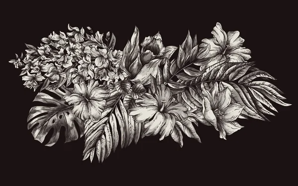 古色古香热带奇幻花卡 叶和花 深色植物 — 图库照片