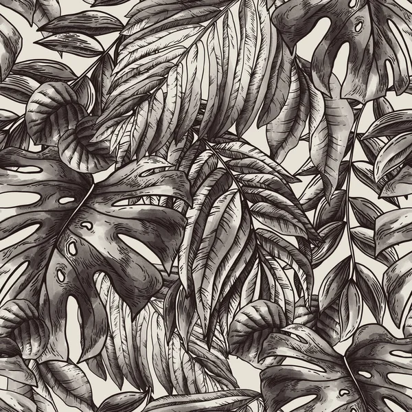 ヴィンテージモノクロ熱帯ファンタジーフローラルシームレスなパターン ベージュのエキゾチックな葉 — ストック写真