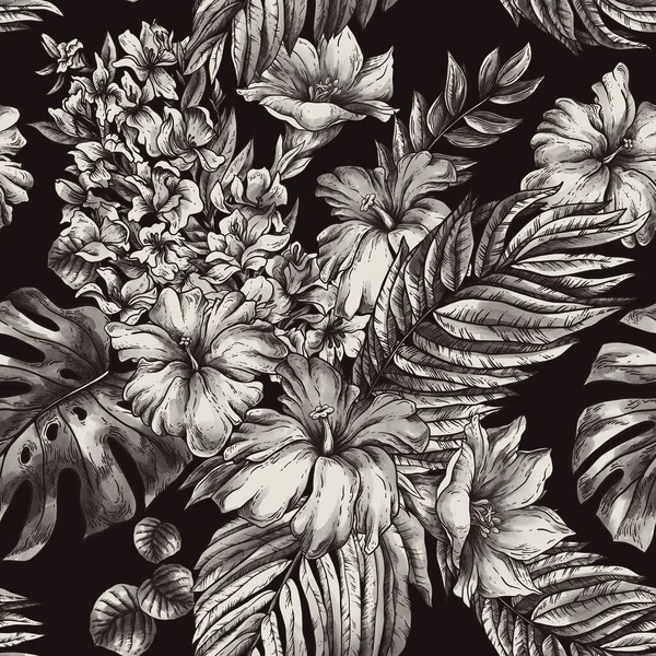 Урожай Монохромний Тропічний Фентезі Квітковий Безшовний Візерунок Листя Квіти Чорному — стокове фото