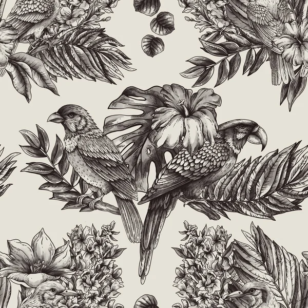 Vintage Patrón Inconsútil Tropical Monocromo Con Aves Fantasía Hojas Flores — Foto de Stock