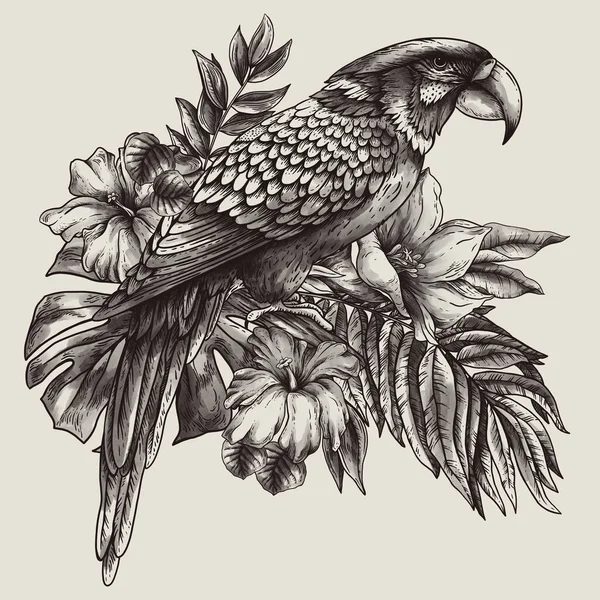 Урожай Монохромний Тропічний Фентезійний Птах Папуга Листя Квіти Класичне Запрошення — стокове фото