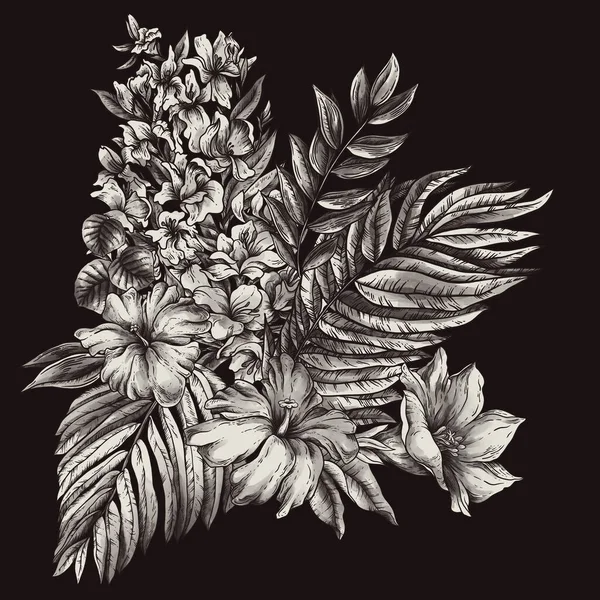 Вінтажна Монохромна Тропічна Фантастична Квіткова Листівка Листя Квіти Темна Ботаніка — стокове фото
