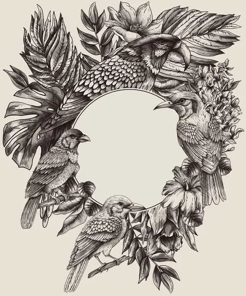 Вінтажний Монохромний Тропічний Фентезійний Птах Листя Квіти Класична Листівка Запрошення — стокове фото