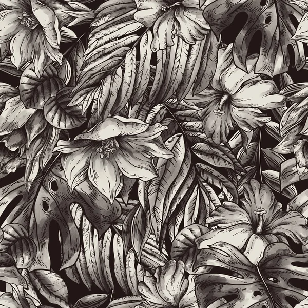 Урожай Монохромний Тропічний Фентезі Квітковий Безшовний Візерунок Листя Квіти Чорному — стокове фото