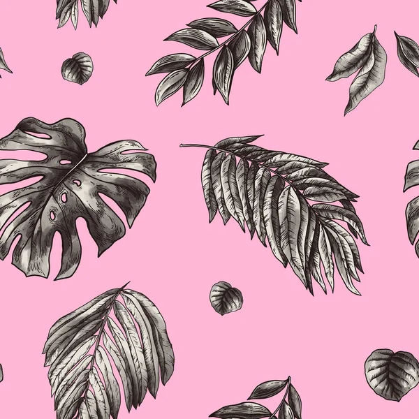 Ročník Monochromatické Tropické Fantazie Květinové Bezešvé Vzor Exotické Listy Růžové — Stock fotografie