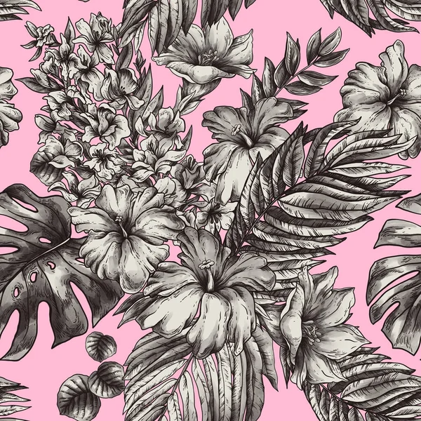 Ročník Monochromatické Tropické Fantazie Květinové Bezešvé Vzor Listy Květiny Růžové — Stock fotografie