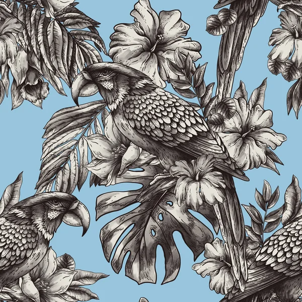 Урожай Монохромний Папуга Безшовний Візерунок Тропічні Птахи Листя Квітковий Фон — стокове фото