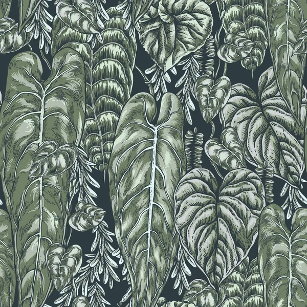 Neutral Vector Vintage Green Leaves Seamless Pattern Modern Dark Botanica — Stock Vector