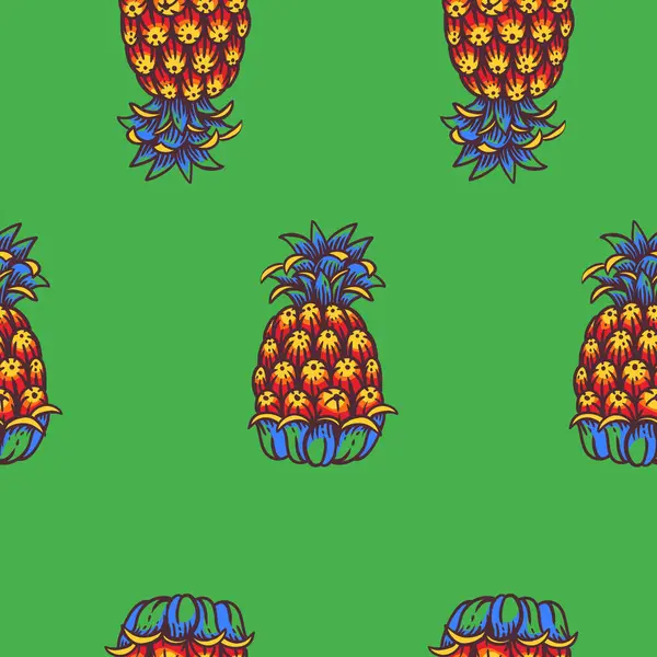 Levande Färgglada Tropiska Sömlösa Mönster Sommar Ananas Frukt Grönt — Stock vektor