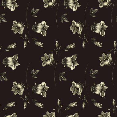 Vintage floral seamless pattern. Blooming dark flowers, Victorian wildflowers with moth clipart