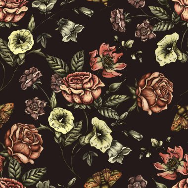 Vintage floral seamless pattern. Blooming dark flowers, Victorian wildflowers with moth clipart