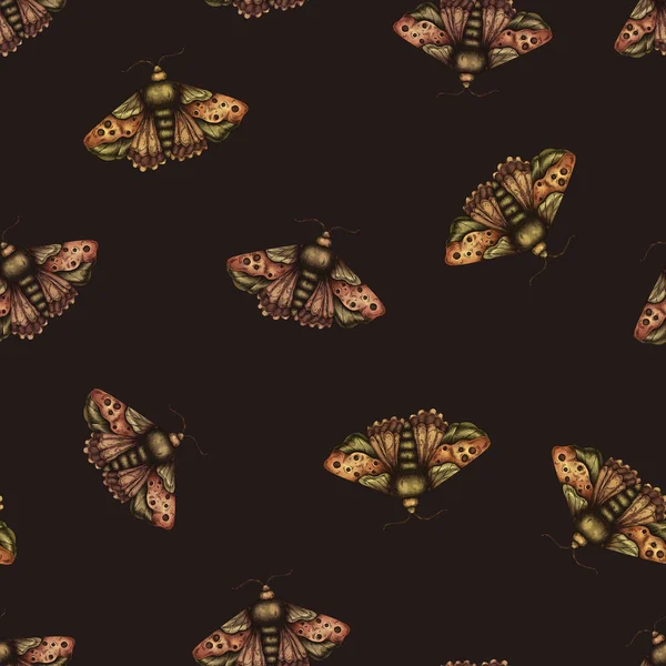 Vintage Moth Seamless Pattern Blooming Dark Butterfly Hand Drawn — Stock Photo, Image