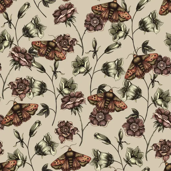 Vintage Floral Seamless Pattern Blooming Dark Flowers Victorian Wildflowers Moth — Stock Photo, Image