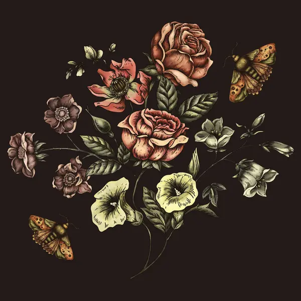 Винтажная Цветочная Открытка Цветущие Темные Цветы Викторианские Полевые Цветы Молью — стоковое фото