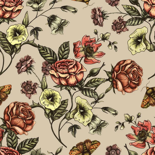 Vintage Floral Seamless Pattern Blooming Dark Flowers Victorian Wildflowers Moth — Stock Photo, Image