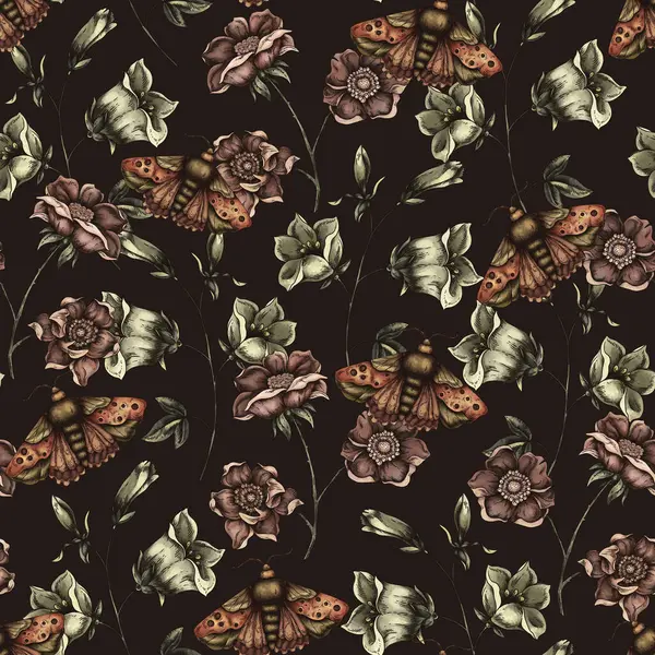 Vintage Bloemen Naadloos Patroon Bloeiende Donkere Bloemen Victoriaanse Wilde Bloemen — Stockfoto