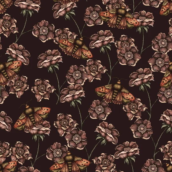 Винтажный Цветочный Бесшовный Рисунок Цветущие Темные Цветы Викторианские Полевые Цветы — стоковое фото