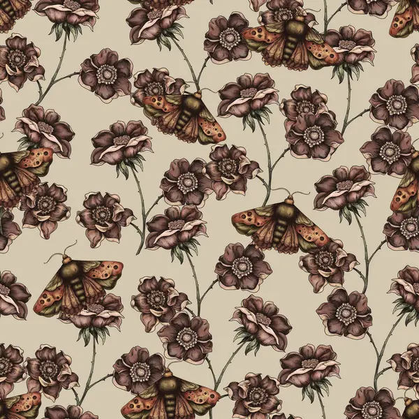 Винтажный Цветочный Бесшовный Рисунок Цветущие Темные Цветы Викторианские Полевые Цветы — стоковое фото