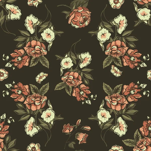 Vintage Floral Seamless Pattern Blooming Dark Flowers Victorian Wildflowers Moth — Stock Vector