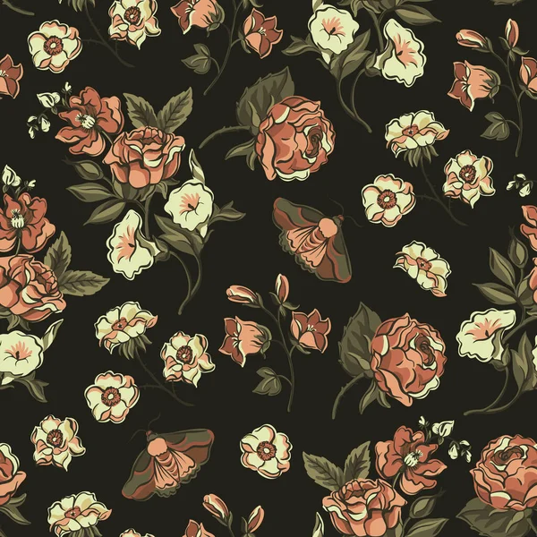 Вінтажний Квітковий Безшовний Візерунок Квітучі Темні Квіти Вікторіанські Дикі Квіти — стоковий вектор