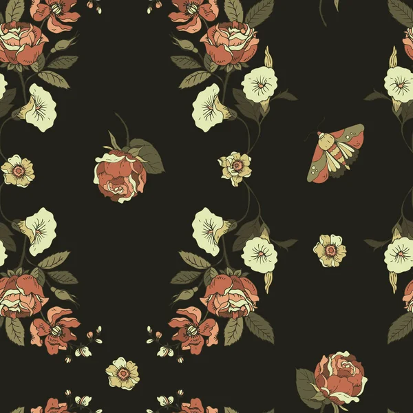 Вінтажний Квітковий Безшовний Візерунок Квітучі Темні Квіти Вікторіанські Дикі Квіти — стоковий вектор