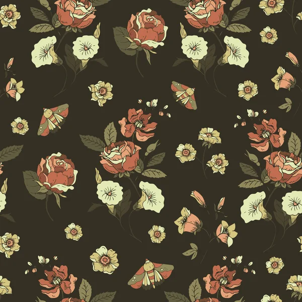 Vintage Floral Seamless Pattern Blooming Dark Flowers Victorian Wildflowers Moth — Stock Vector