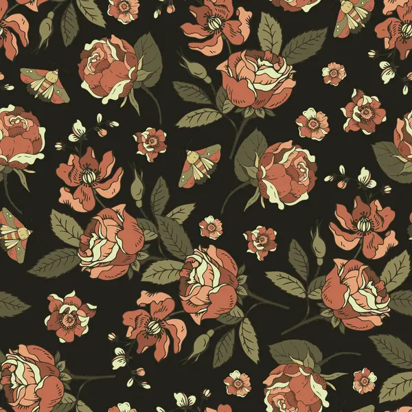 Vintage Bloemen Naadloos Patroon Bloeiende Donkere Bloemen Victoriaanse Wilde Bloemen — Stockvector