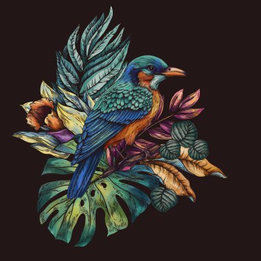 Klasik tropikal kuş, yaz çiçekleri ve canavar yaprakları.